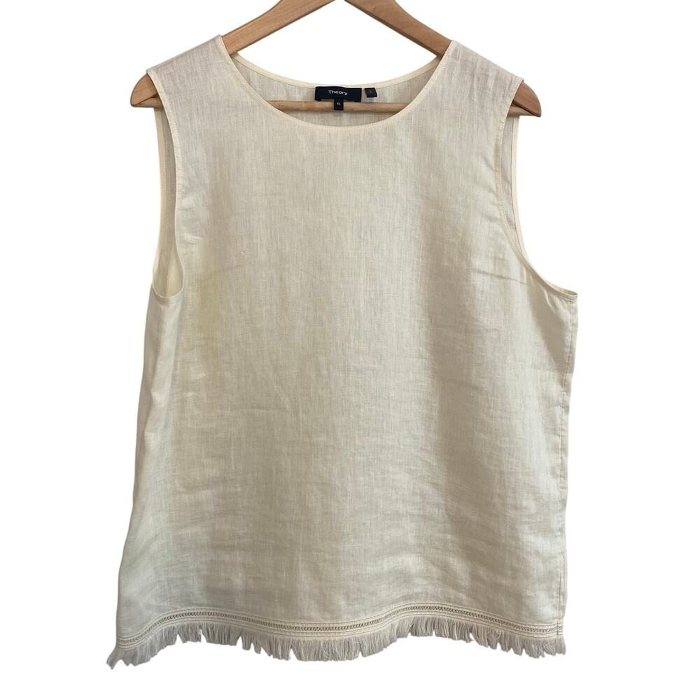 Theory Womens Size XL 100% Linen Tank Top Fringe Hem Beige Ecru Chic Minimalist